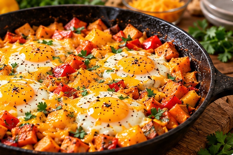 Finished sweet potato and egg breakfast skillet